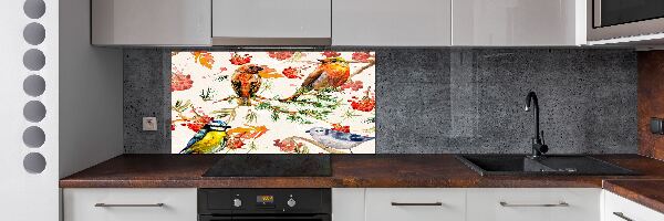 Glazen achterwand keuken Naaldhoutbomen en vogels
