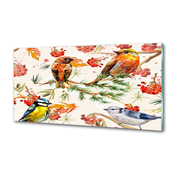 Glazen achterwand keuken Naaldhoutbomen en vogels