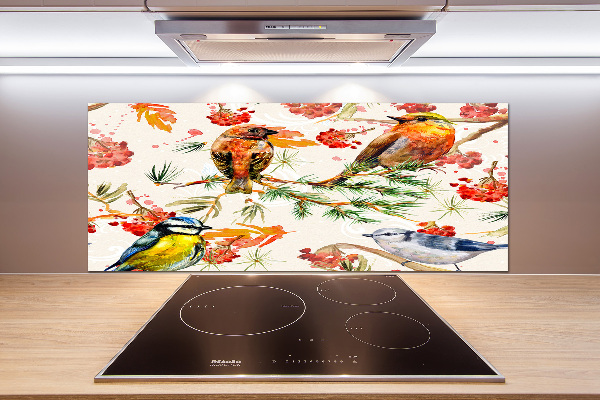 Glazen achterwand keuken Naaldhoutbomen en vogels