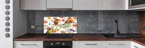 Glazen achterwand keuken Naaldhoutbomen en vogels