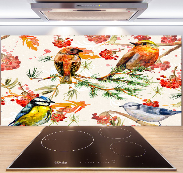 Glazen achterwand keuken Naaldhoutbomen en vogels