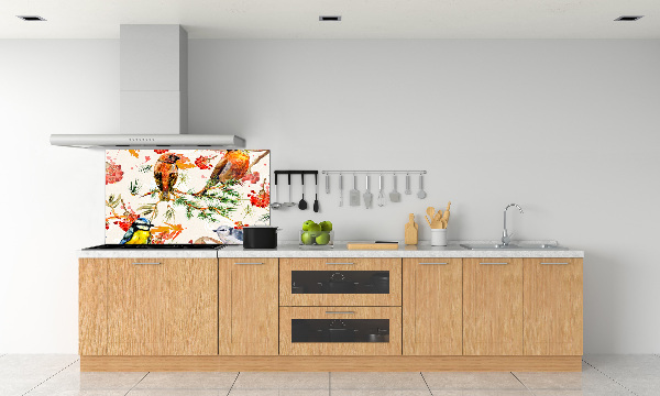 Glazen achterwand keuken Naaldhoutbomen en vogels