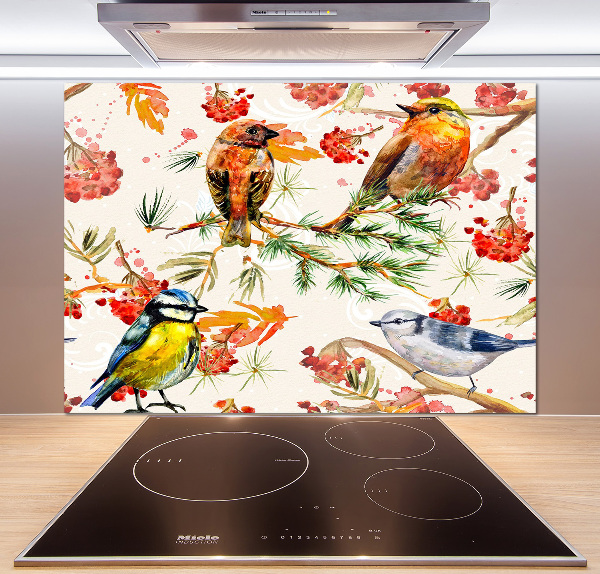 Glazen achterwand keuken Naaldhoutbomen en vogels