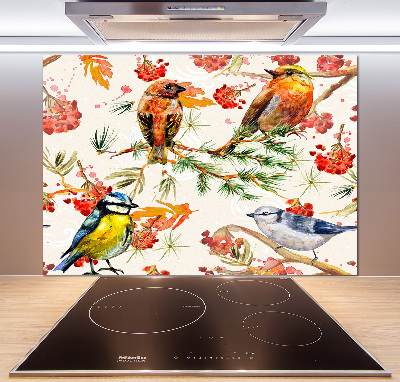 Glazen achterwand keuken Naaldhoutbomen en vogels