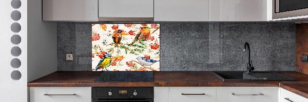 Glazen achterwand keuken Naaldhoutbomen en vogels