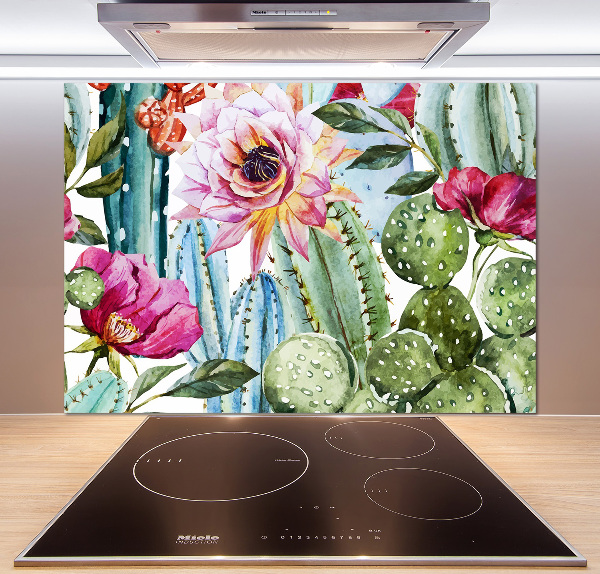 Spatscherm keuken Cactussen en bloemen