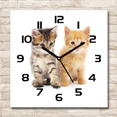 Vierkante glazen wandklok Bruine en rosse kat
