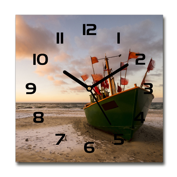 Vierkante glazen wandklok Vissersboot strand