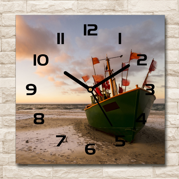 Vierkante glazen wandklok Vissersboot strand
