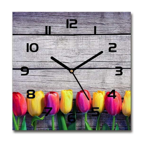 Vierkante glazen klok Tulpen op hout