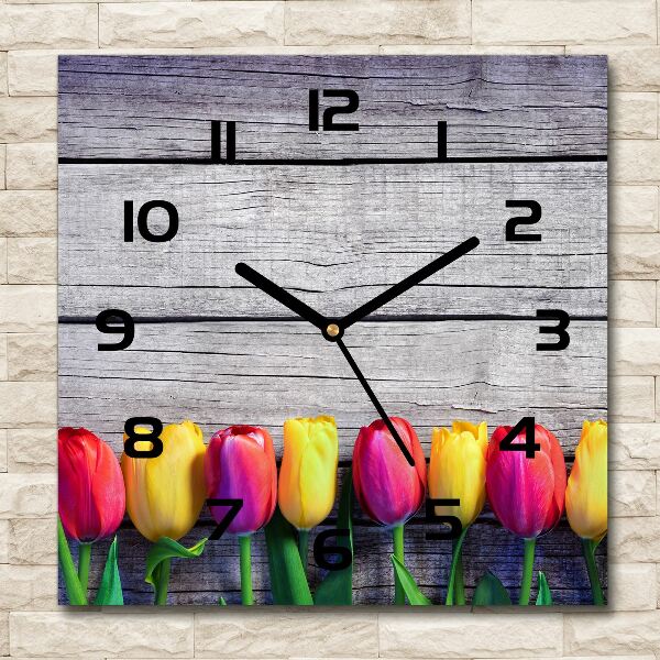 Vierkante glazen klok Tulpen op hout