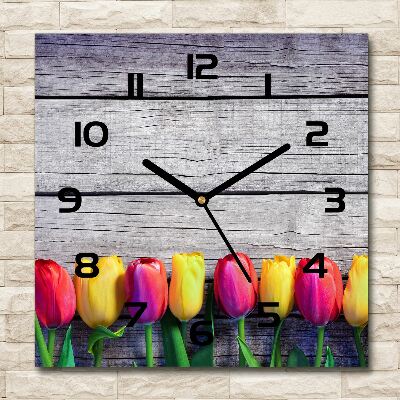 Vierkante glazen klok Tulpen op hout