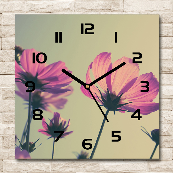 Vierkante glazen wandklok Roze bloemen