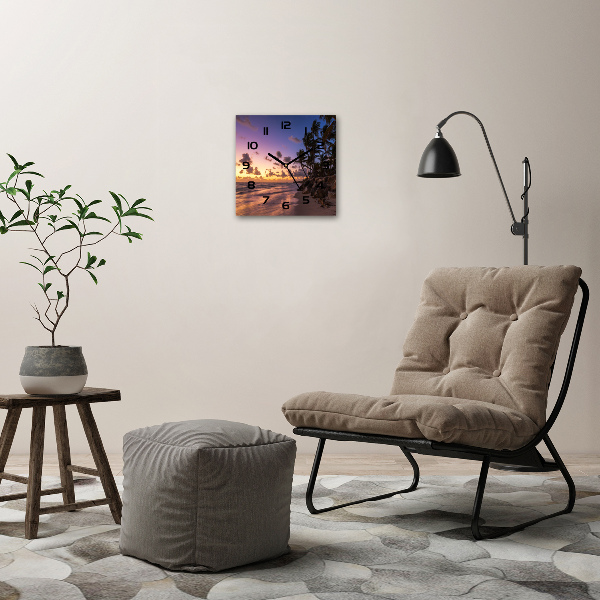 Vierkante glazen wandklok Zonsondergang op het strand