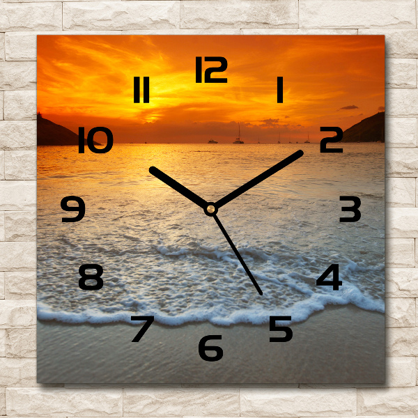 Vierkante glazen wandklok Zonsondergang aan zee