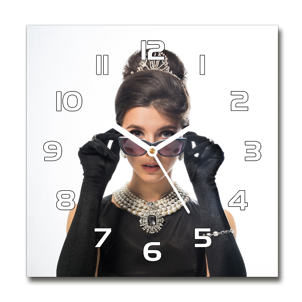 Vierkante glazen wandklok Vrouw met bril