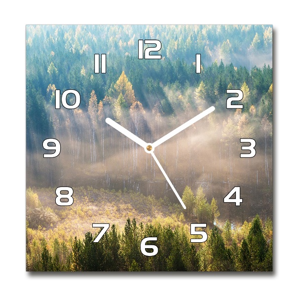 Vierkante glazen klok Mist in het bos