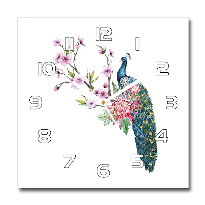 Vierkante glazen klok Pauw en bloemen