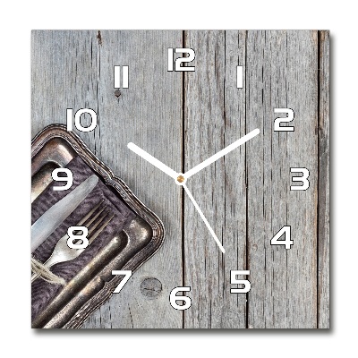 Zegar szklany kwadratowy Sztućce na deskach