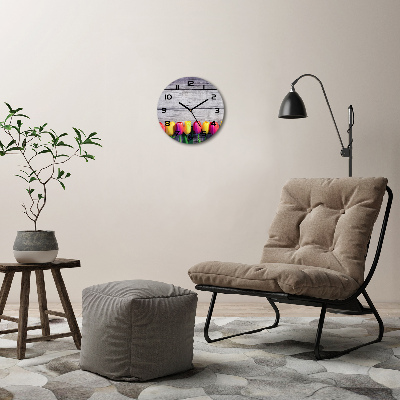 Zegar szklany okrągły Tulipany na drewnie