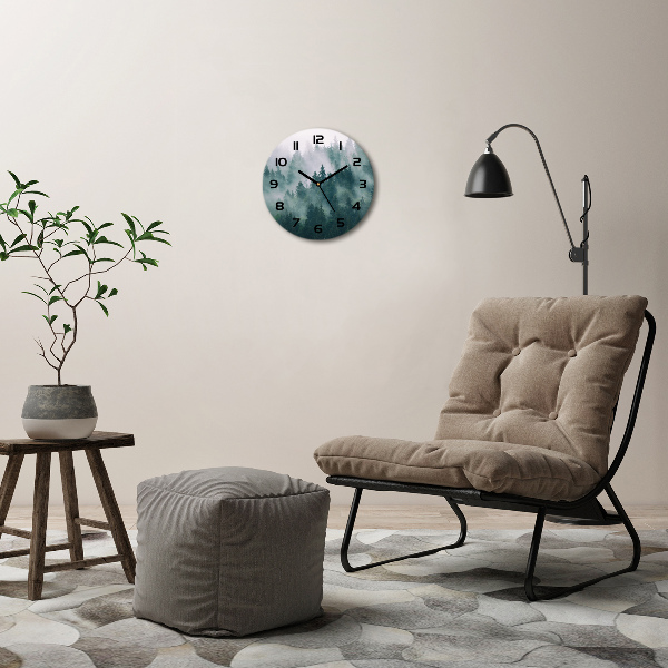 Ronde glazen wandklok Mist boven het bos