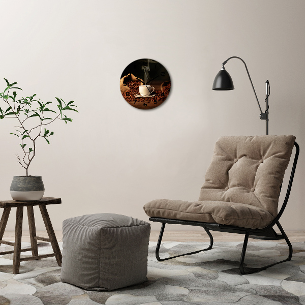 Ronde glazen wandklok Koffie in een kopje