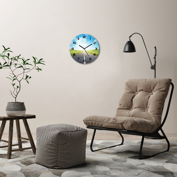 Ronde glazen wandklok De weg door de weide