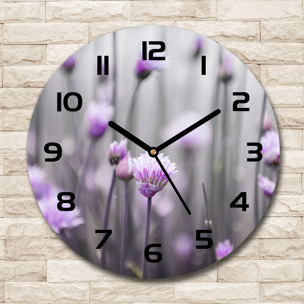 Ronde glazen wandklok Bieslookbloemen