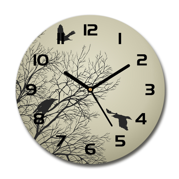 Ronde glazen wandklok Kraaien in een boom