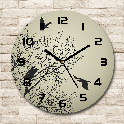 Ronde glazen wandklok Kraaien in een boom