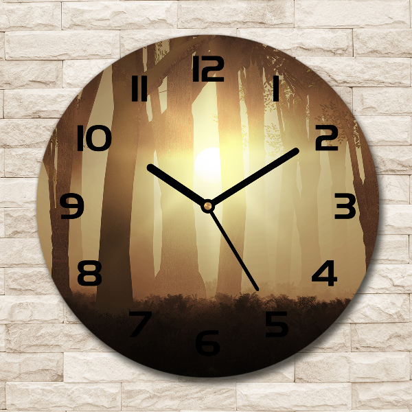 Ronde glazen wandklok Mist in het bos