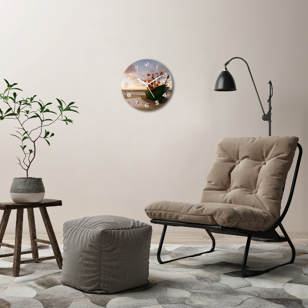 Zegar szklany okrągły Kuter rybacki plaża