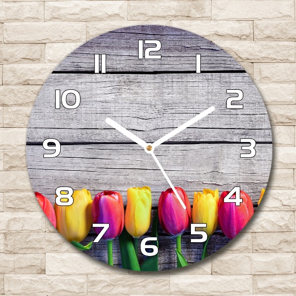 Ronde glazen klok Tulpen op hout
