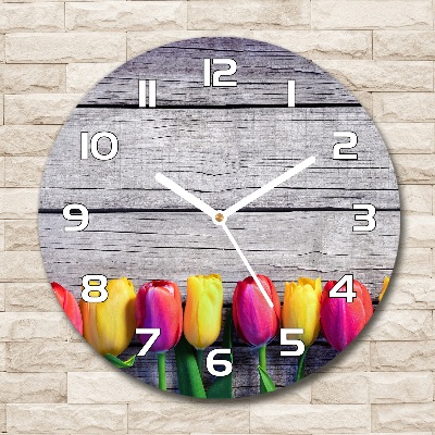 Ronde glazen klok Tulpen op hout