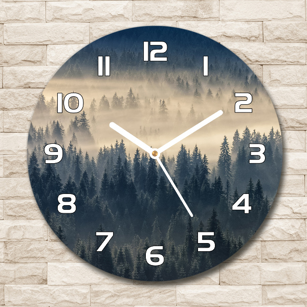 Ronde glas klok Mist boven het bos