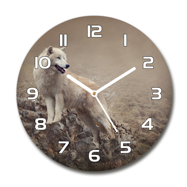 Ronde glazen klok Witte wolf op een rots