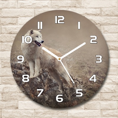 Ronde glazen klok Witte wolf op een rots