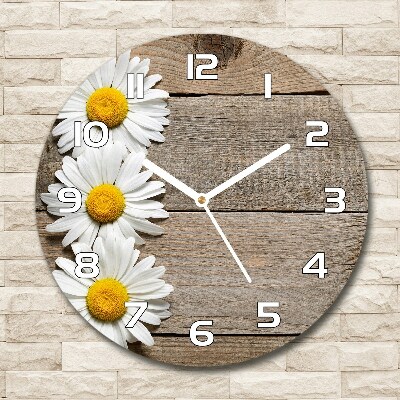 Zegar szklany okrągły Stokrotki drewno