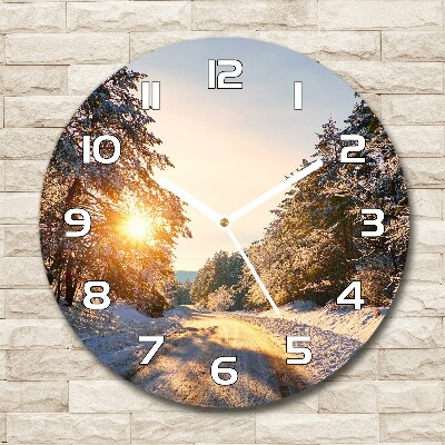 Zegar szklany na ścianę Droga w lesie zimą