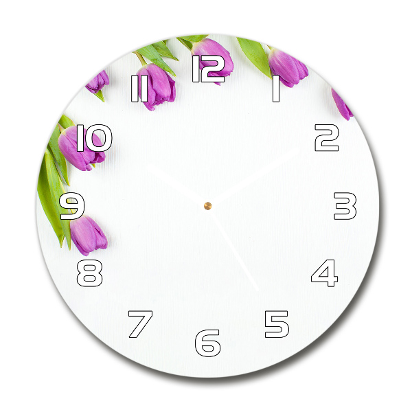 Ronde glazen wandklok Paarse tulpen