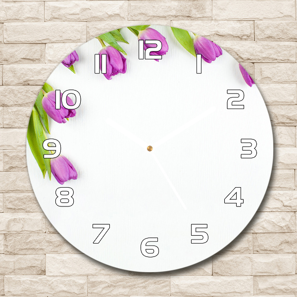 Ronde glazen wandklok Paarse tulpen