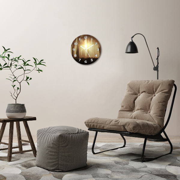 Ronde glazen wandklok Mist in het bos