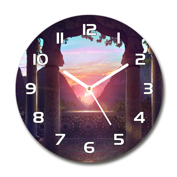 Ronde glazen wandklok Oosterse architectuur