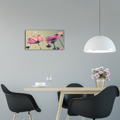 Langwerpige wandklok van glas Roze bloemen