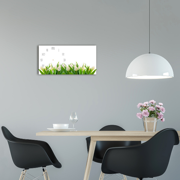 Langwerpige wandklok van glas Witte tulpen