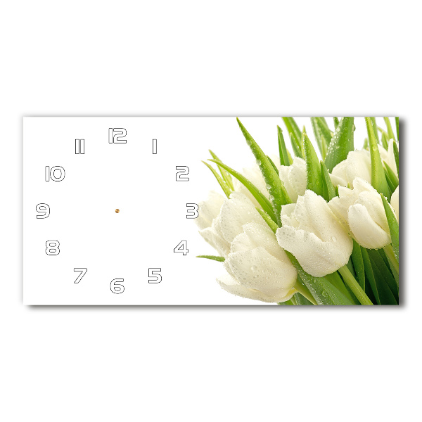 Langwerpige wandklok van glas Witte tulpen