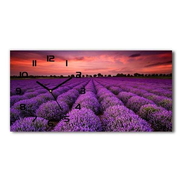 Langwerpige wandklok van glas Lavendelveld