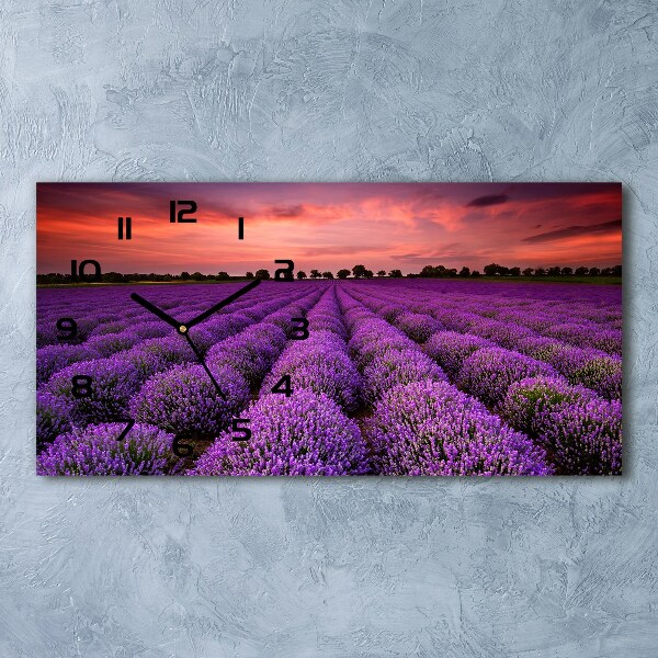 Langwerpige wandklok van glas Lavendelveld