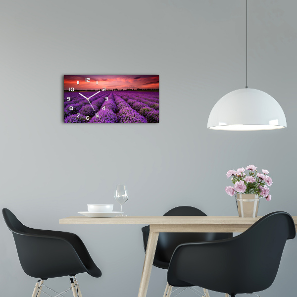 Langwerpige wandklok van glas Lavendelveld