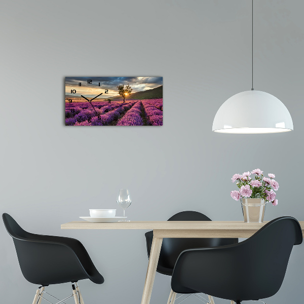 Langwerpige wandklok van glas Lavendelveld